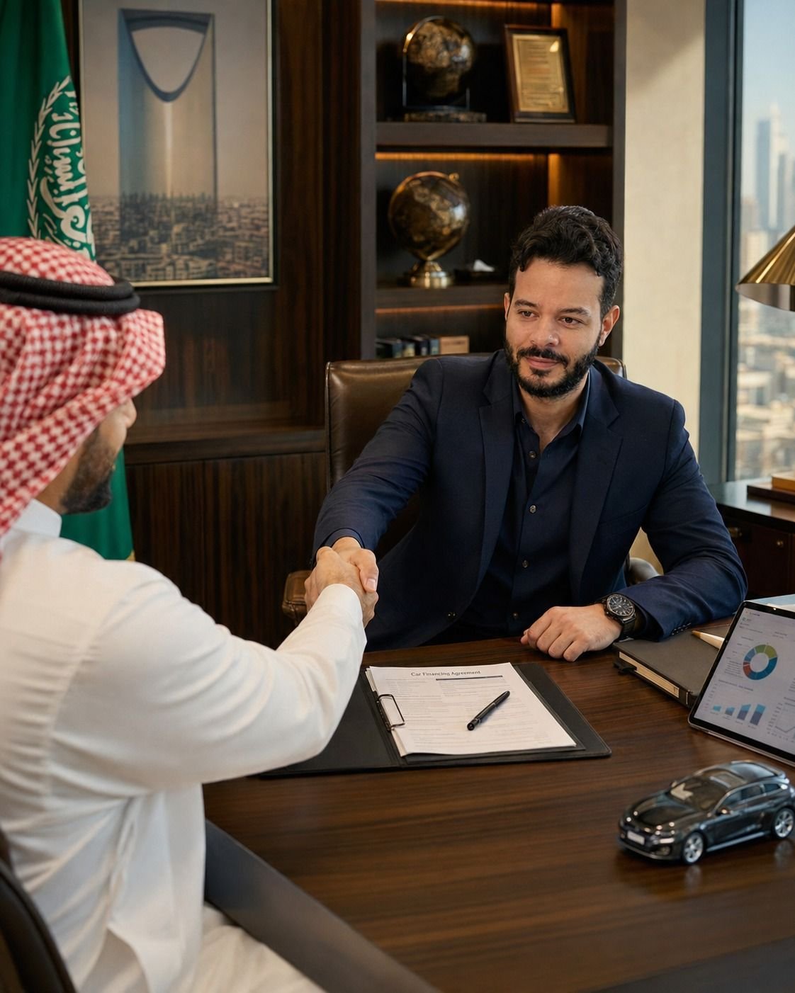أحمد يصافح عميلاً بعد إتمام التمويل
