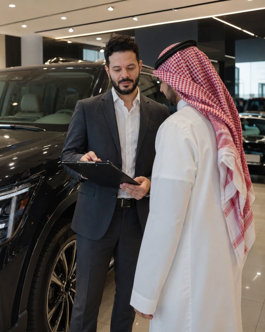 أحمد يراجع ملف عميل في معرض السيارات