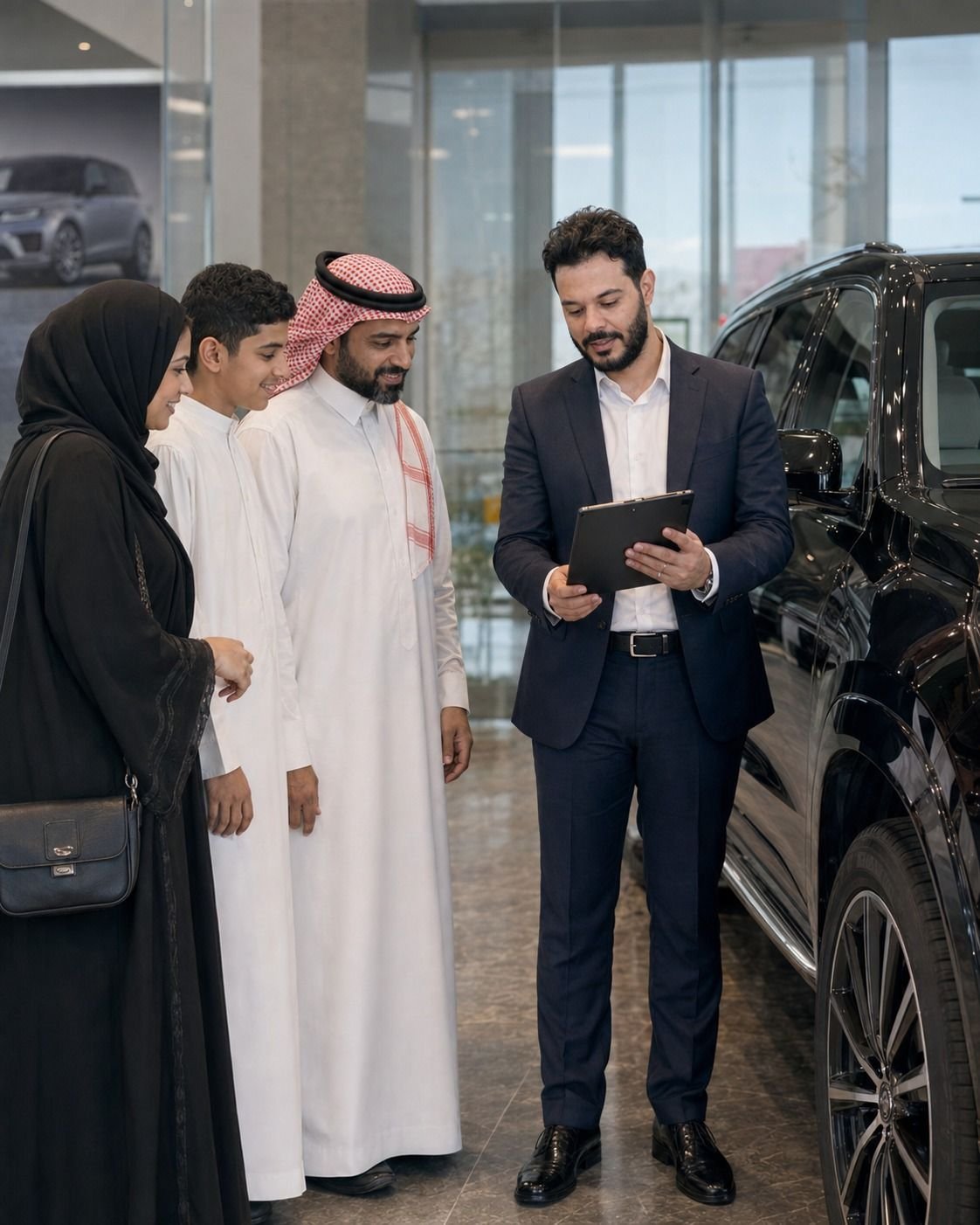 أحمد يشرح خيارات التمويل لعائلة في معرض سيارات